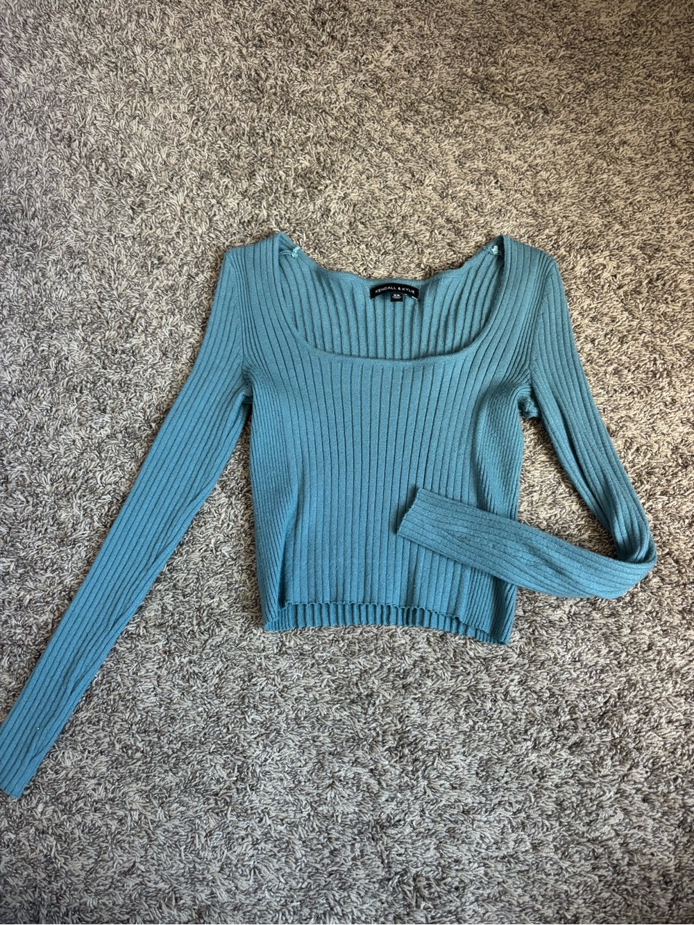 Kendall and kylie PACSUN: Ribbed Square Neck Long Sleeve Crop Top - Teal